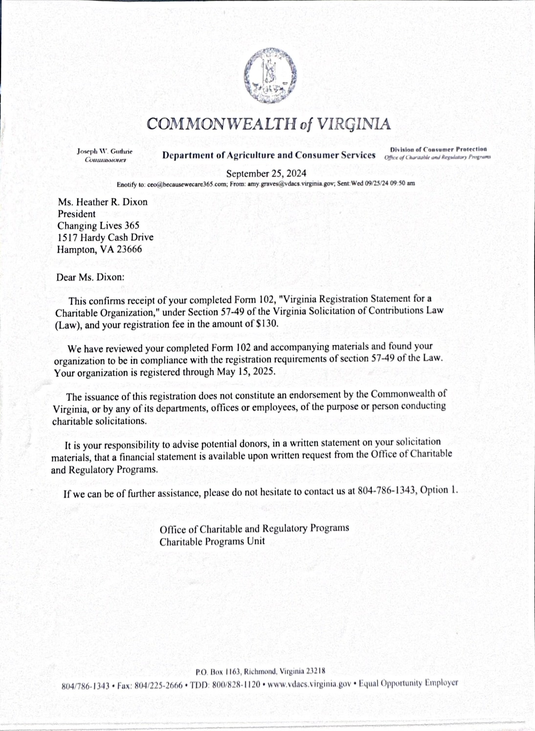 Virginia Form 102 charitable organization registration confirmation letter for Changing Lives 365